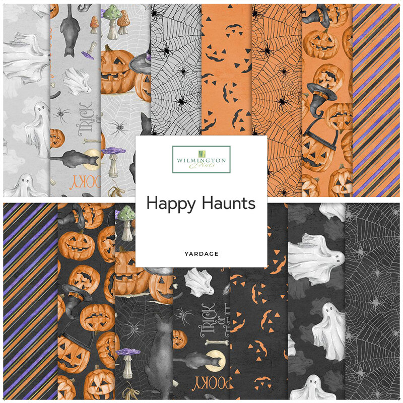Digital collage of the available yardage fabrics from the Happy Haunts fabric collection.