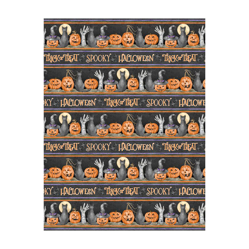 Soft black fabric with alternating stripes of Halloween phrases and jack-o'-lanterns, black cats, full moons, mummy hands, and spiders.