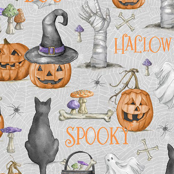 Soft gray fabric with a white spiderweb pattern topped with scattered Halloween motifs like black cats, bones, jack-o'-lanterns, ghosts, and more.