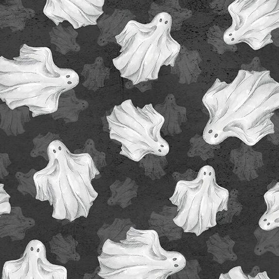 Textured, soft black fabric with a faded pattern of small tossed ghosts topped with a larger tossed pattern of stylized ghosts.