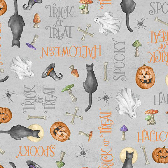 Textured, smoke gray fabric with a tossed pattern of Halloween phrases, witch hats, ghosts, spiders, jack-o'-lanterns, bones, and mushrooms.