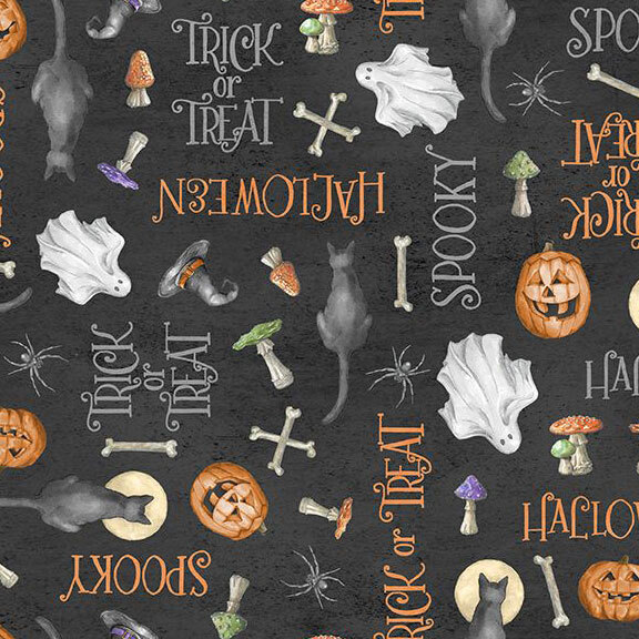Textured, soft black fabric with a tossed pattern of Halloween phrases, witch hats, ghosts, spiders, jack-o'-lanterns, bones, and mushrooms.