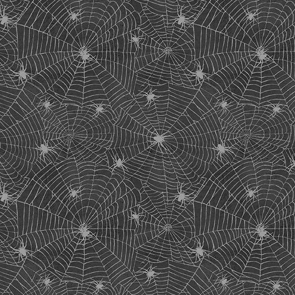 Textured, soft black fabric with a packed design of gray spiderwebs and spiders crawling on top.