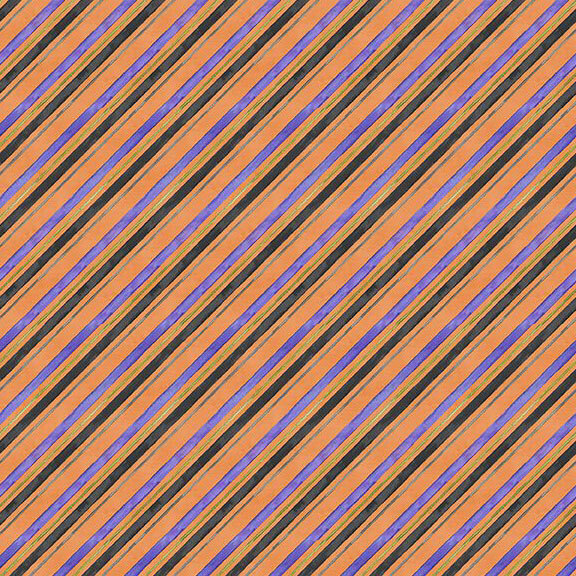 Orange fabric with a biased stripe pattern of purple, black, gray, and green.