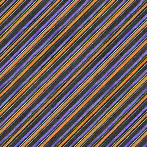Soft black fabric with a biased stripe pattern of purple, orange, gray, and green.