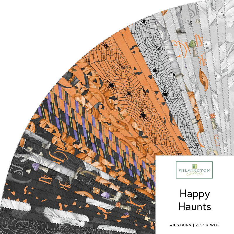 Digital fanned collage of the 2.5" Strip Roll Bundle from the Happy Haunts fabric collection.