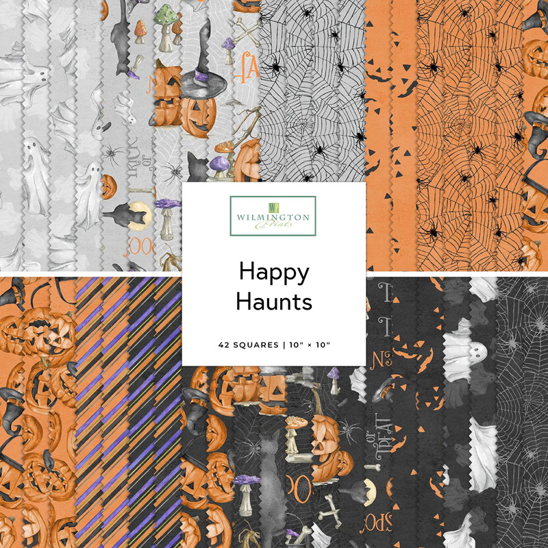 Digital collage of the 10" Square Bundle from the Happy Haunts fabric collection.