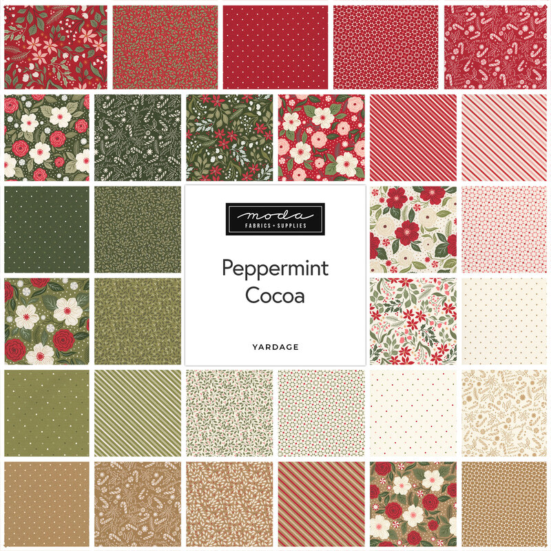 Square collage of Christmas-themed fabrics from the Peppermint Cocoa collection