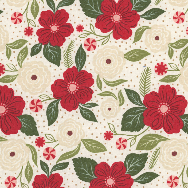 red and white florals with green foliage accented with little candy peppermints on a cream background filled with tan dots