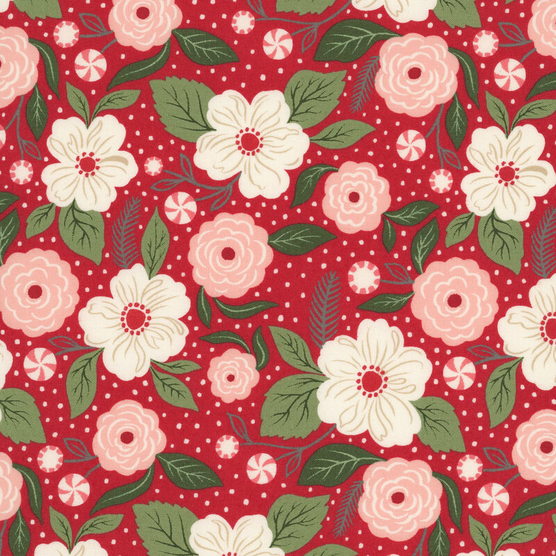 red and white florals with green foliage accented with little candy peppermints on a red background filled with white dots