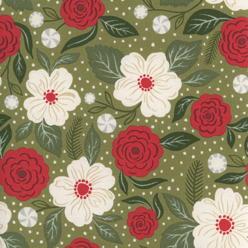 red and white florals with green foliage accented with little candy peppermints on a olive background filled with tan dots