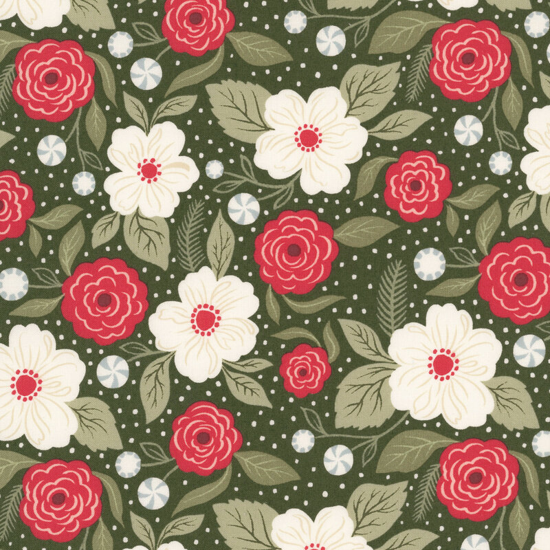 red and white florals with green foliage accented with little candy peppermints on a hunter green background filled with tan dots