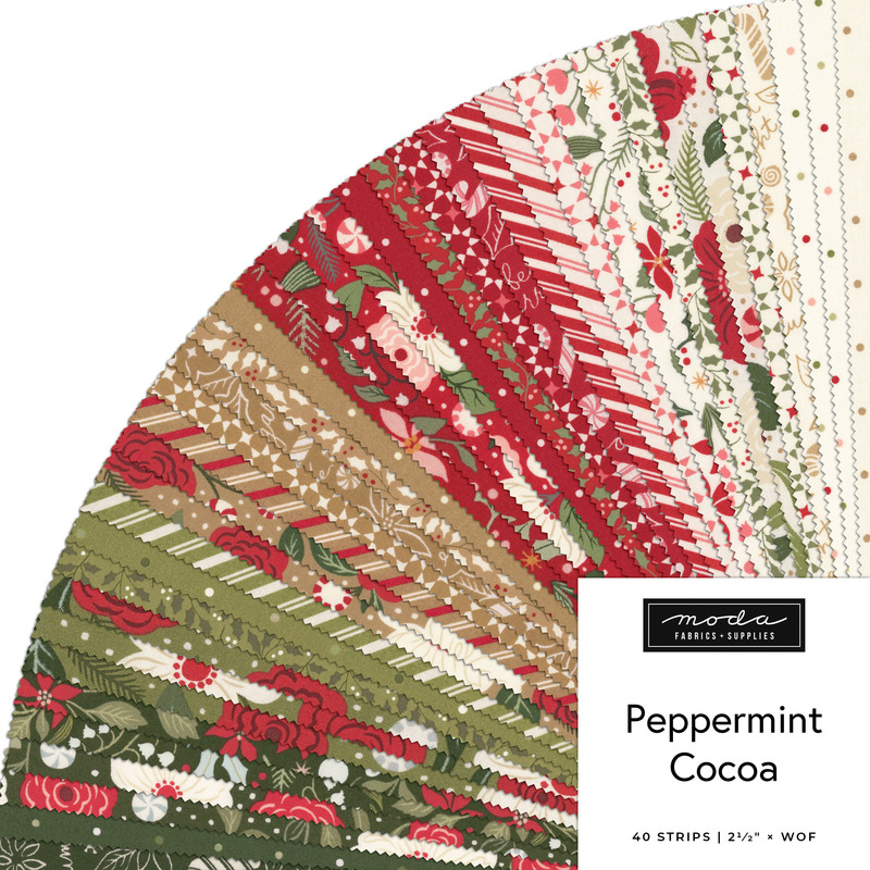 Fanned collage of Christmas-themed fabrics from the Peppermint Cocoa Jelly Roll