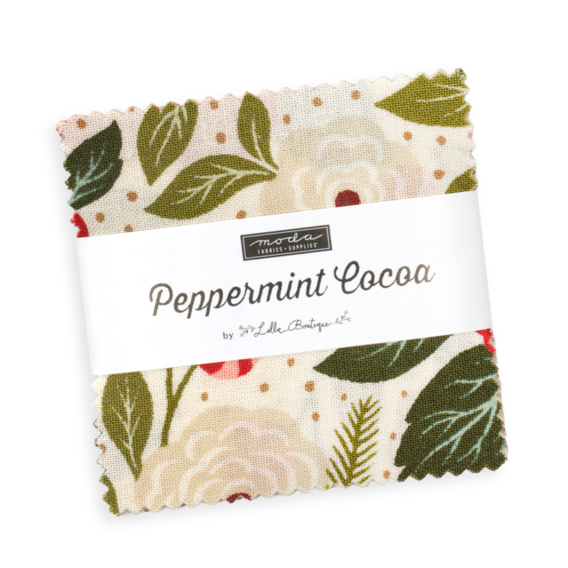 The Peppermint Cocoa Mini Charm Pack in its packaging, isolated on a white background. 