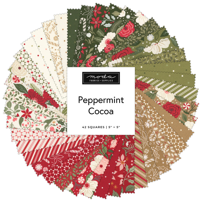 circular collage of Christmas-themed fabrics from the Peppermint Cocoa Charm Pack 