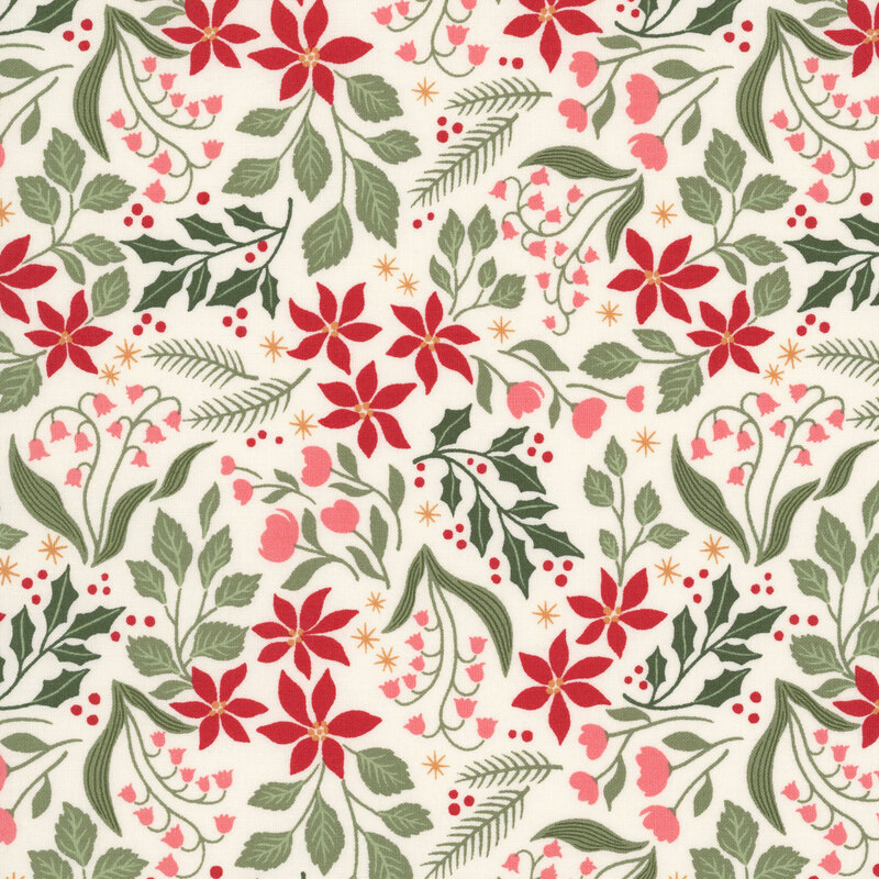 pink and red florals, holly sprigs with berries, pine sprigs, and golden stars scattered on a soft cream background.
