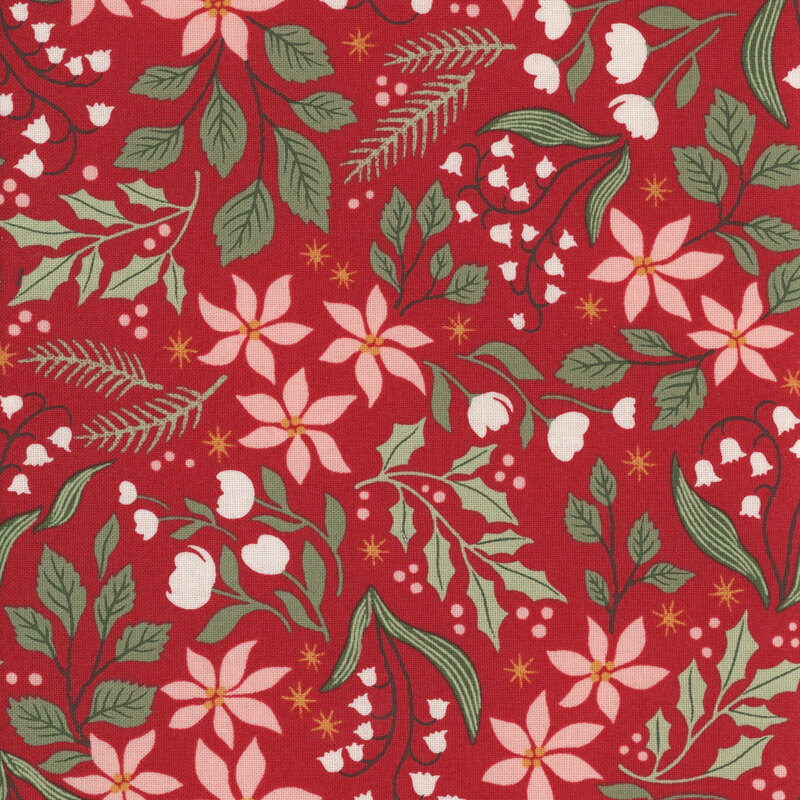 pink and white florals, holly sprigs with berries, pine sprigs, and golden stars scattered on a ruby red background.