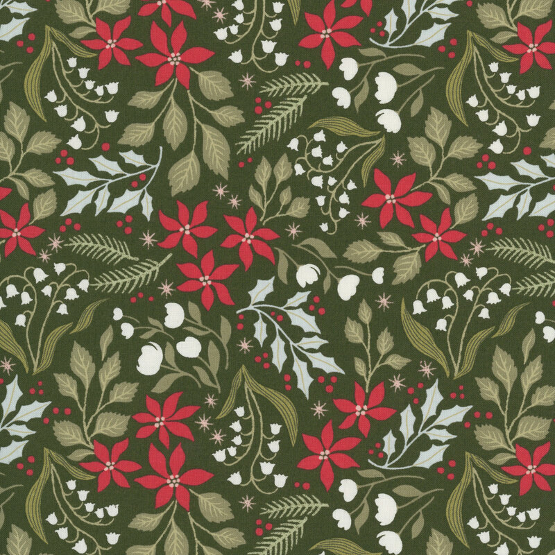 white and red florals, holly sprigs with berries, pine sprigs, and pale pink stars scattered on a hunter green background.