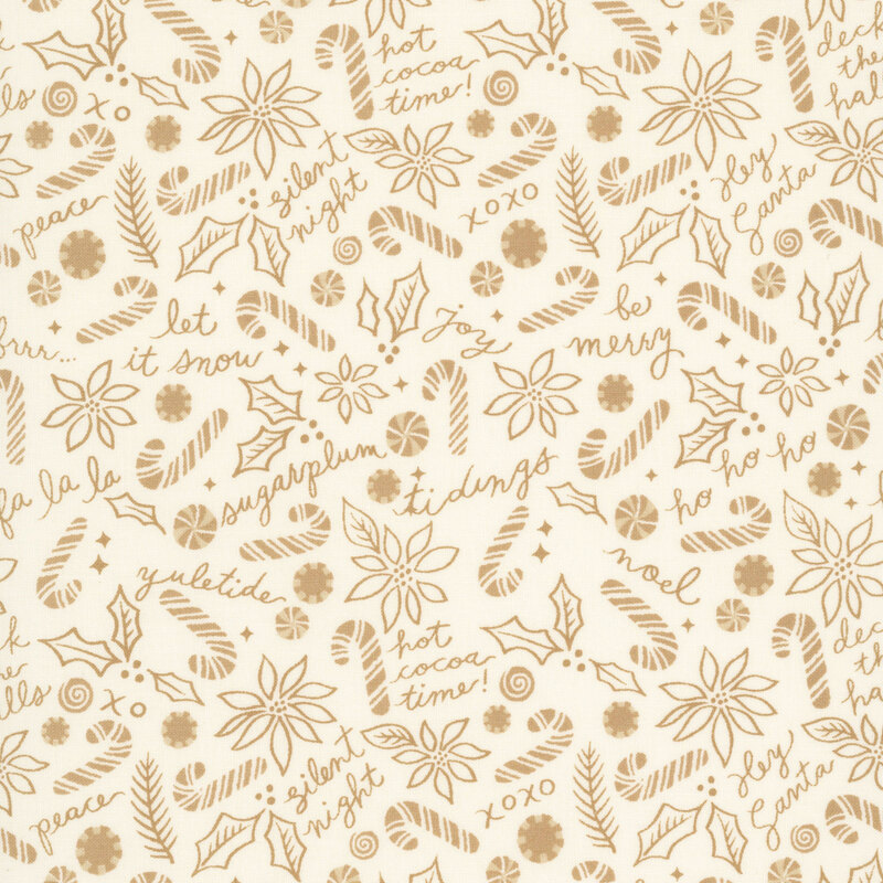 light tan peppermints, candy canes, holly leaves and berries, pine sprigs, and sweet holiday-themed words scattered on a cream background.