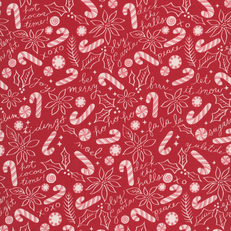 white and pink peppermints, candy canes, holly leaves and berries, pine sprigs, and sweet holiday-themed words scattered on a cardinal red background.