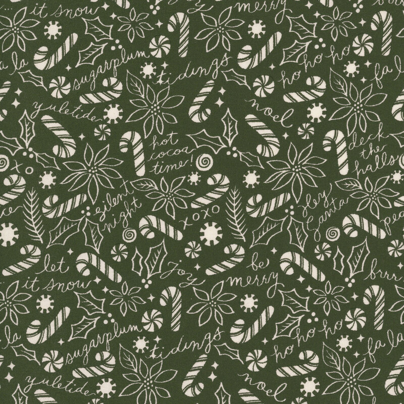 white peppermints, candy canes, holly leaves and berries, pine sprigs, and sweet holiday-themed words scattered on a dark hunter green background.