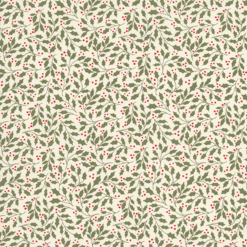 green holly leaves with red berries scattered across a cream background.