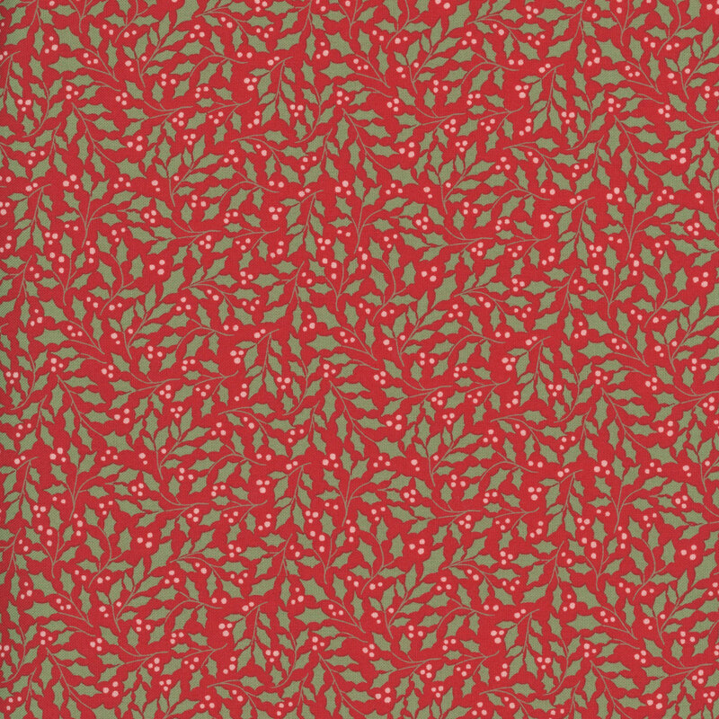 green holly leaves with red berries scattered across a rich red background.