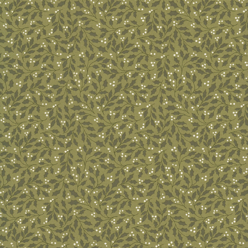 dark green holly leaves with white berries scattered across a warm olive background.