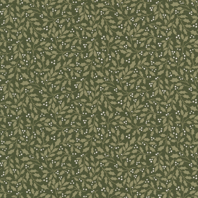 light green holly leaves with white berries scattered across a hunter green background.