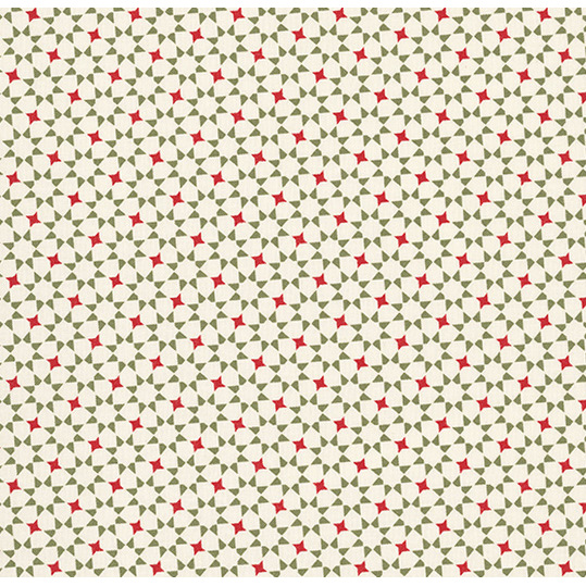 Fabric featuring seamless geometric pattern of green and red stars on a cream background.