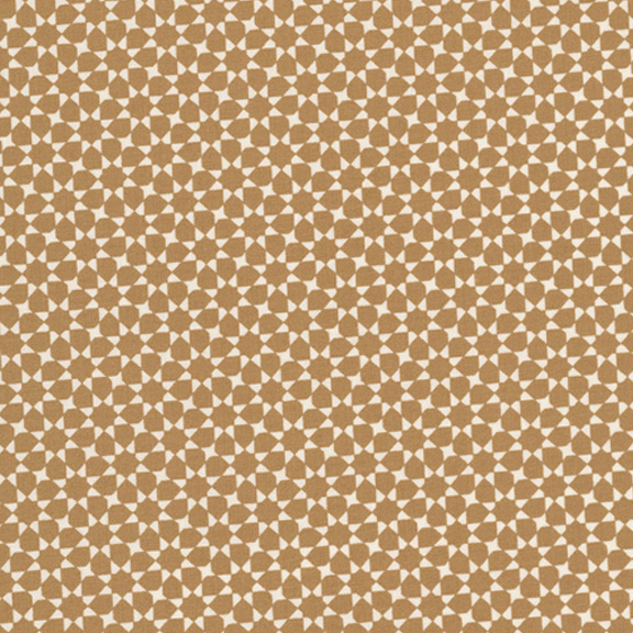 Fabric with repeating tan and white geometric star pattern.