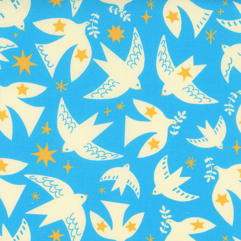 A bright sky blue fabric with scattered birds, stars, and sparkles.