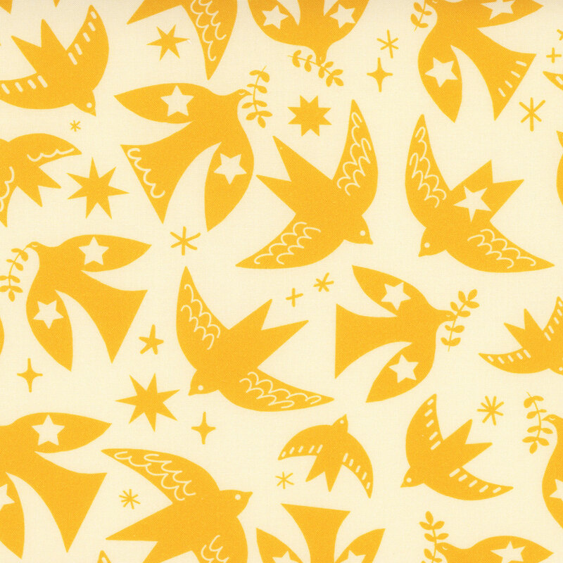 A cream fabric with scattered birds and stars.