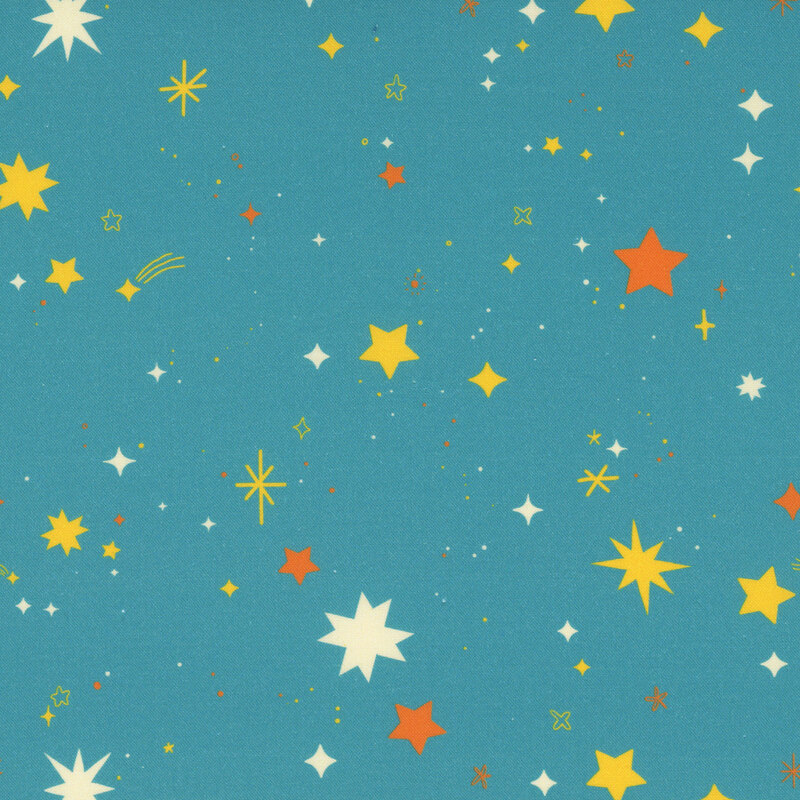 A turquoise fabric with scattered yellow, orange, and white stars and sparkles.