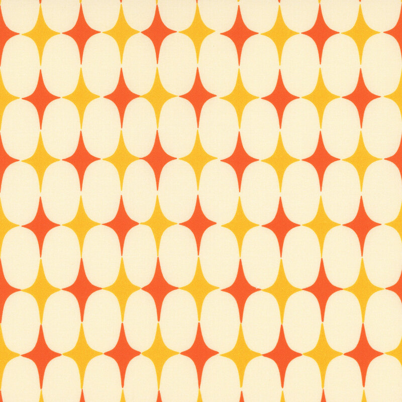 A cream fabric with repeating rounded oval shapes and pink and yellow geometric accents.