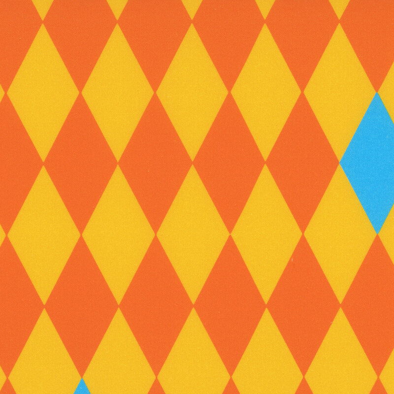 A fabric with large repeating yellow and orange diamonds and occasional blue diamonds.