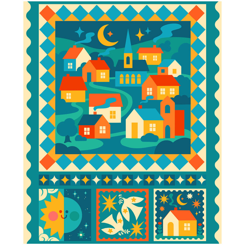 A colorful fabric panel with a village beneath a moon and stars, geometric borders, birds, a sun, and coordinating decorative blocks.
