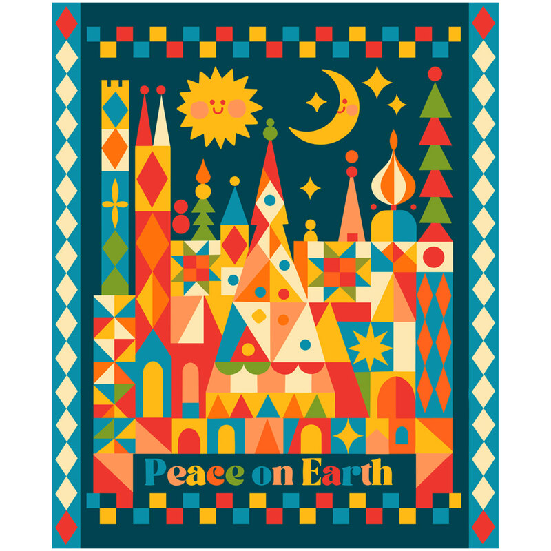 A colorful fabric panel with a whimsical geometric castle, sun, crescent moon, stars, trees, and the words "Peace on Earth."
