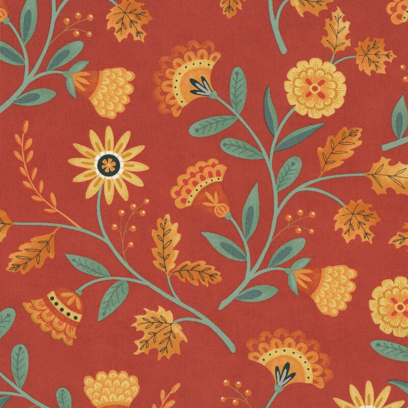 A terracotta fabric with stylized flowers and autumn leaves.