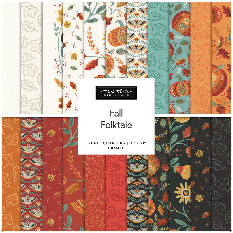 A collage of fabrics featured in the Fall Folktale Fat Quarter Bundle by Deb Strain for Moda Fabrics.