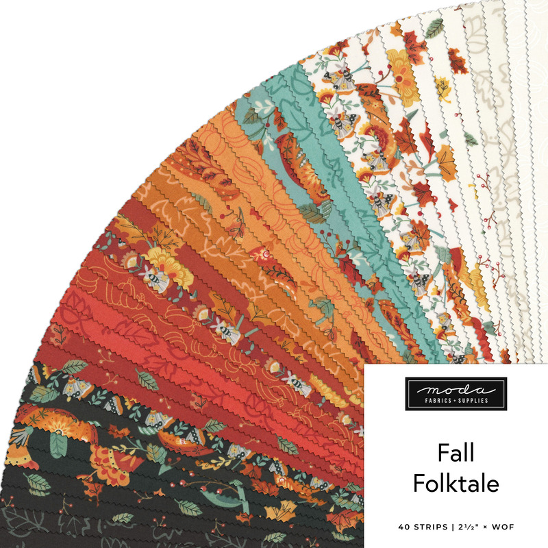 A collage of fabrics featured in the Fall Folktale Jelly Roll by Deb Strain for Moda Fabrics.