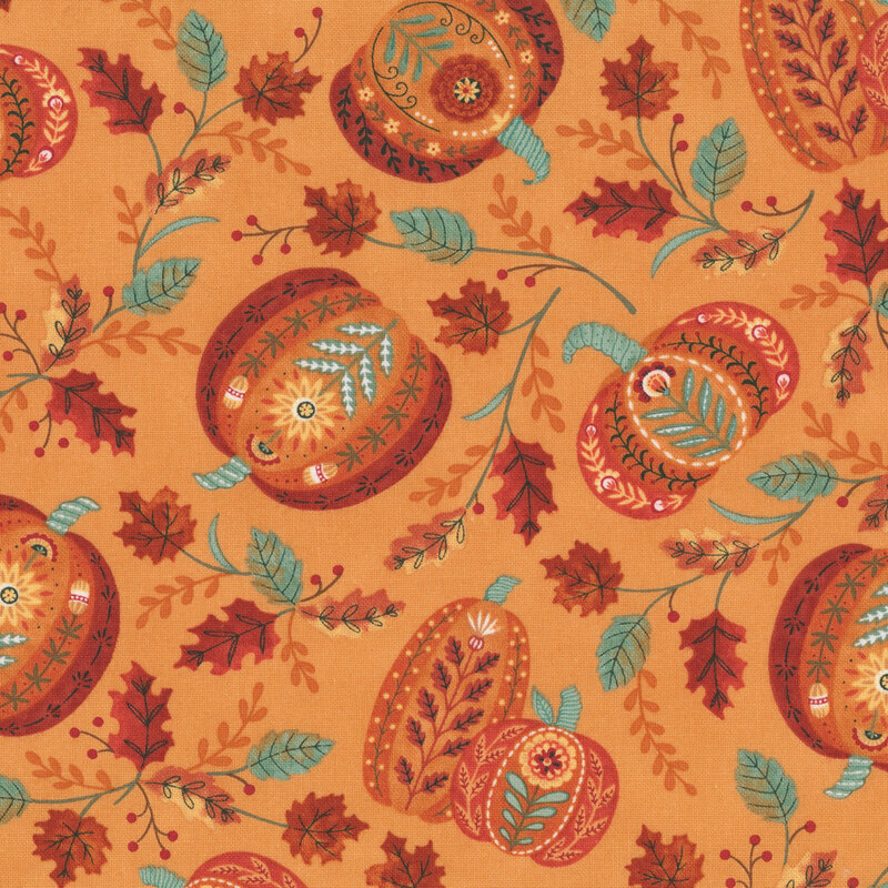 A pumpkin orange fabric with decorative folk-art pumpkins and scattered fall leaves.