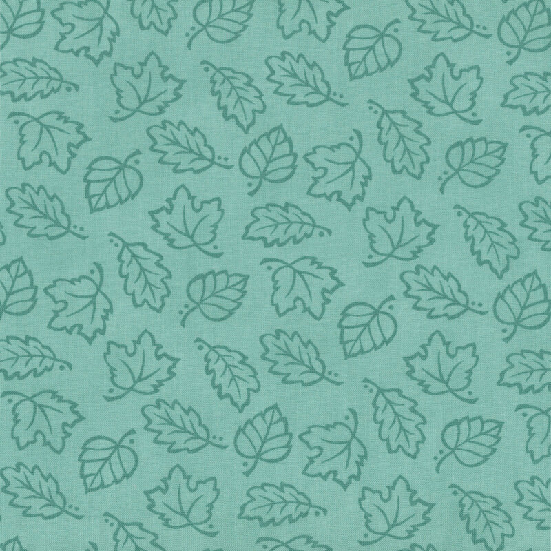 A pastel turquoise fabric with scattered falling leaves.