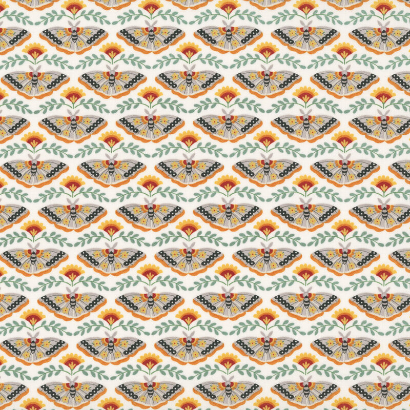 A white fabric with rows of moths , stylized flowers, and leafy vines.