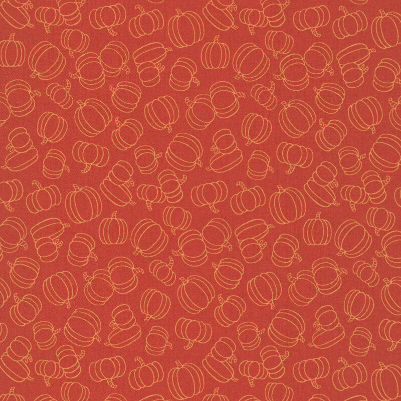 A terracotta fabric with scattered orange pumpkins.