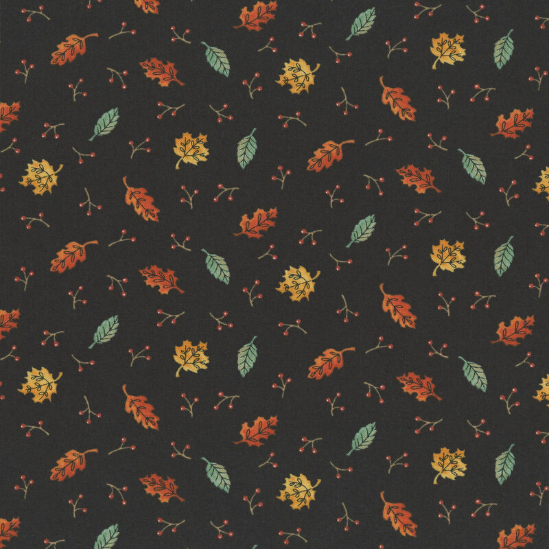 A black fabric with scattered fall leaves and berries.