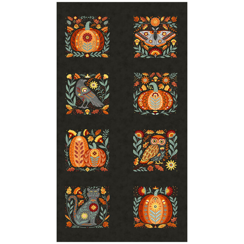 A black fabric panel with eight folk-art blocks of pumpkins, a moth, owl, crow, black cat, flowers, and autumn foliage.