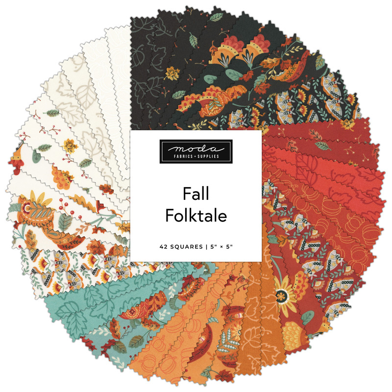 A collage of fabrics included in the Fall Folktale Charm Pack by Deb Strain for Moda Fabrics.