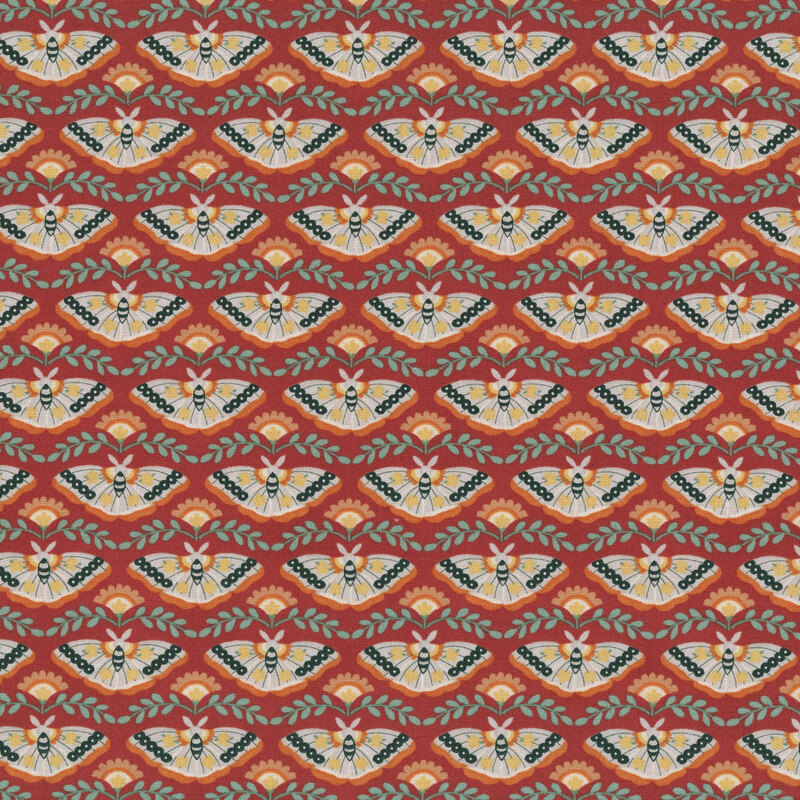 A terracotta fabric with rows of moths, stylized flowers, and leafy vines.
