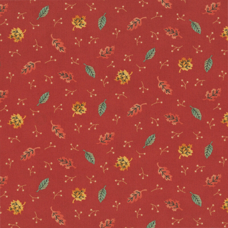A terracotta fabric with scattered leaves and berries.